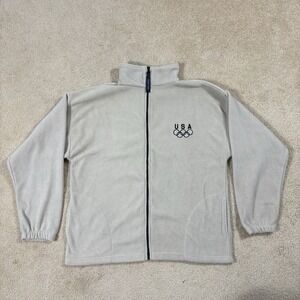 Team USA Olympics Large Jacket Full Zip Fleece Sweater Beige Men 90s Vintage